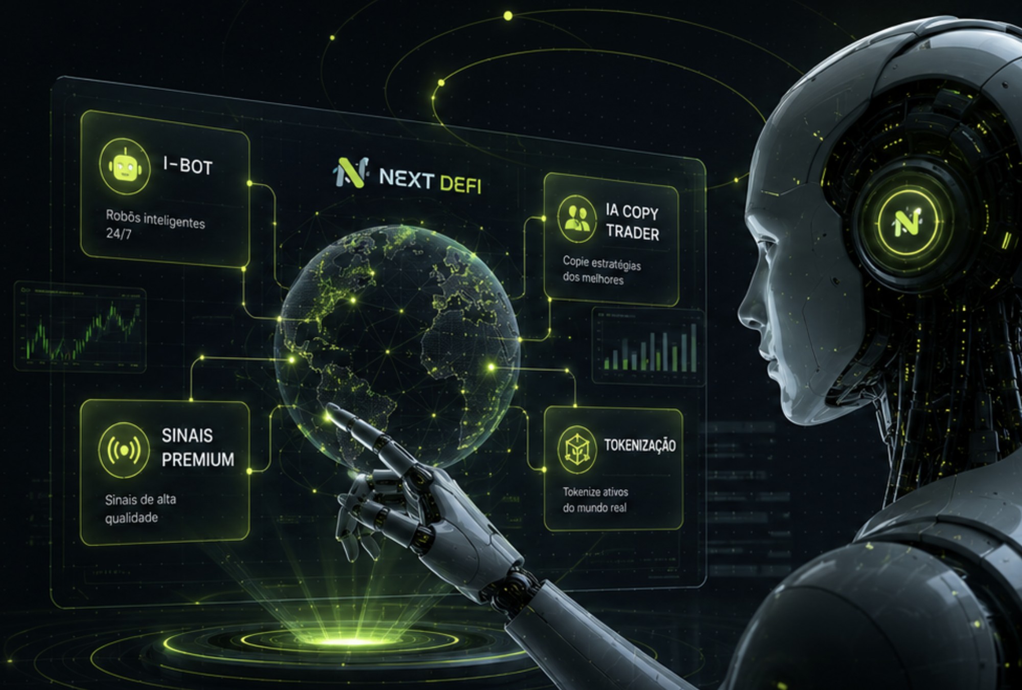 Ecossistema Next Defi: Forex Global, IA Copy Trader, Sinais Premium e Tokenização